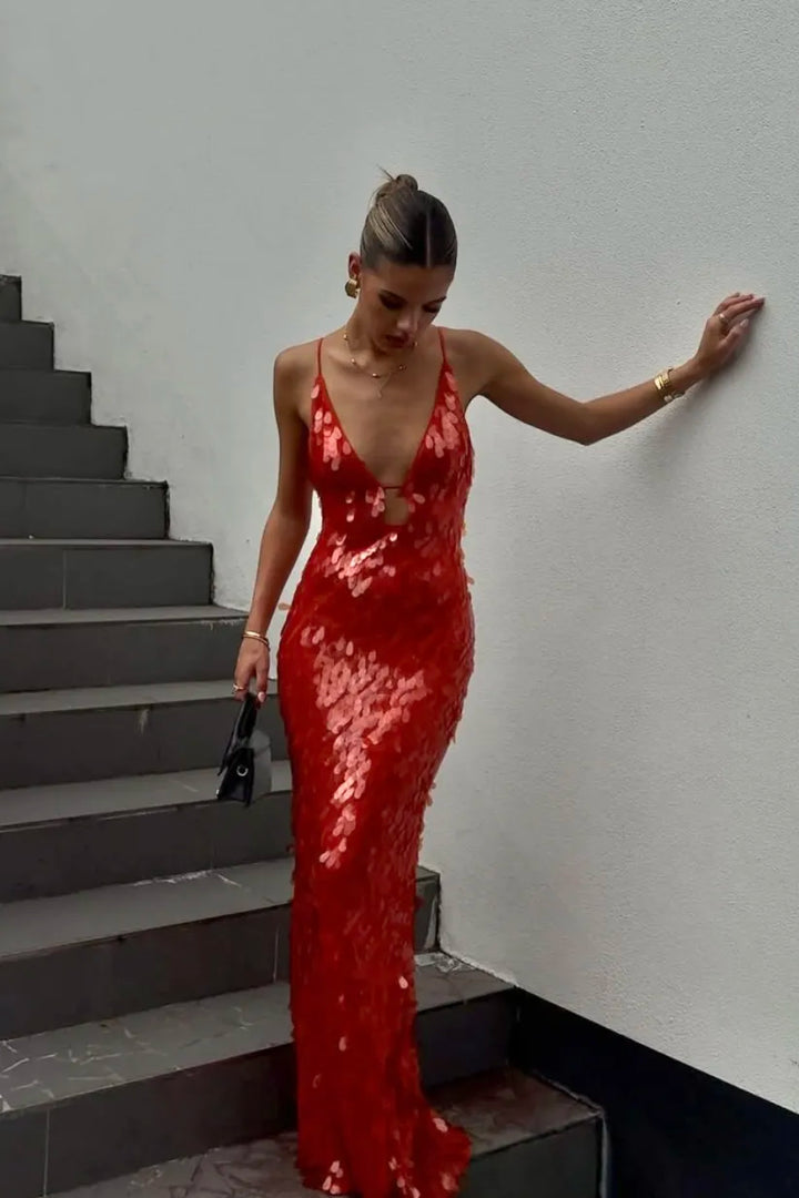 Women's Sequin Maxi Dress with Deep V-Neck and Slim Fit Cut