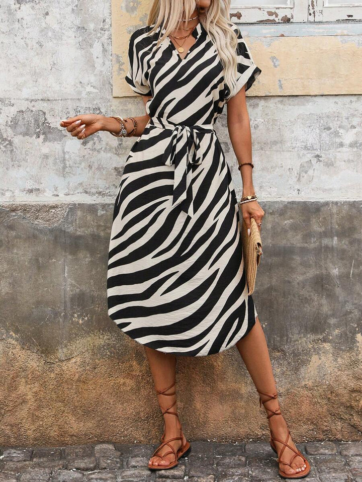 Women's Zebra Print Short Sleeve Midi Dress with Waist Tie