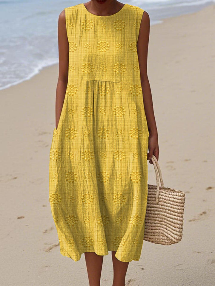 Women's Sleeveless Embroidered Midi Dress with Relaxed Fit