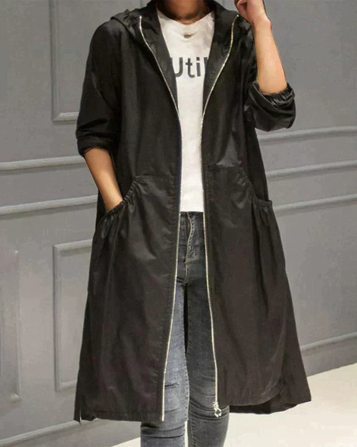Women's Long Waterproof Weatherproof Hooded Raincoat with Zip