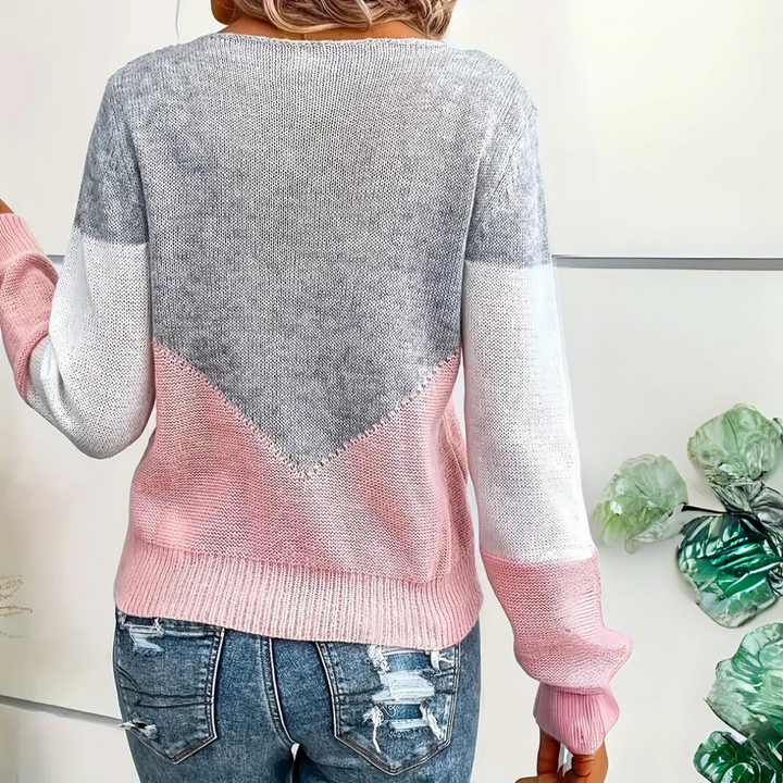 Women’s Color Block Pointelle Jumper with V-Shape Contrast Panels