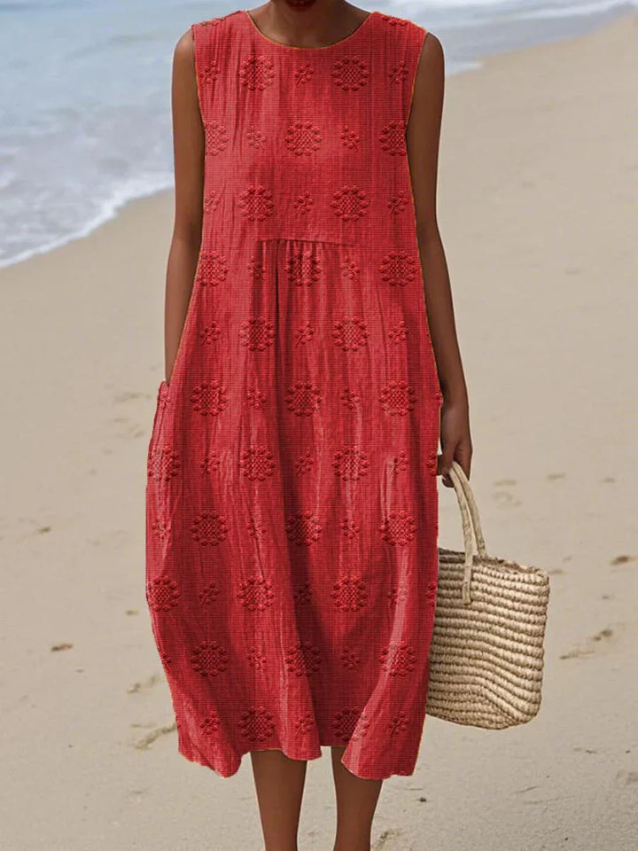 Women's Sleeveless Embroidered Midi Dress with Relaxed Fit