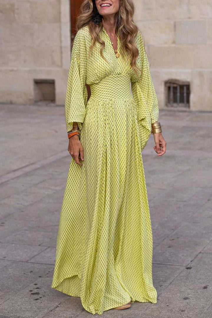 Women's Geometric Print Maxi Dress with Long Sleeves and V-Neck