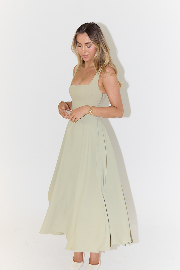 Women's Sleeveless Square Neck Midi Dress with A-Line Silhouette