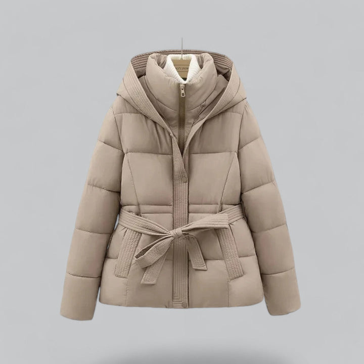 Women's Belted Hooded Puffer Jacket with Quilted Warm Padding