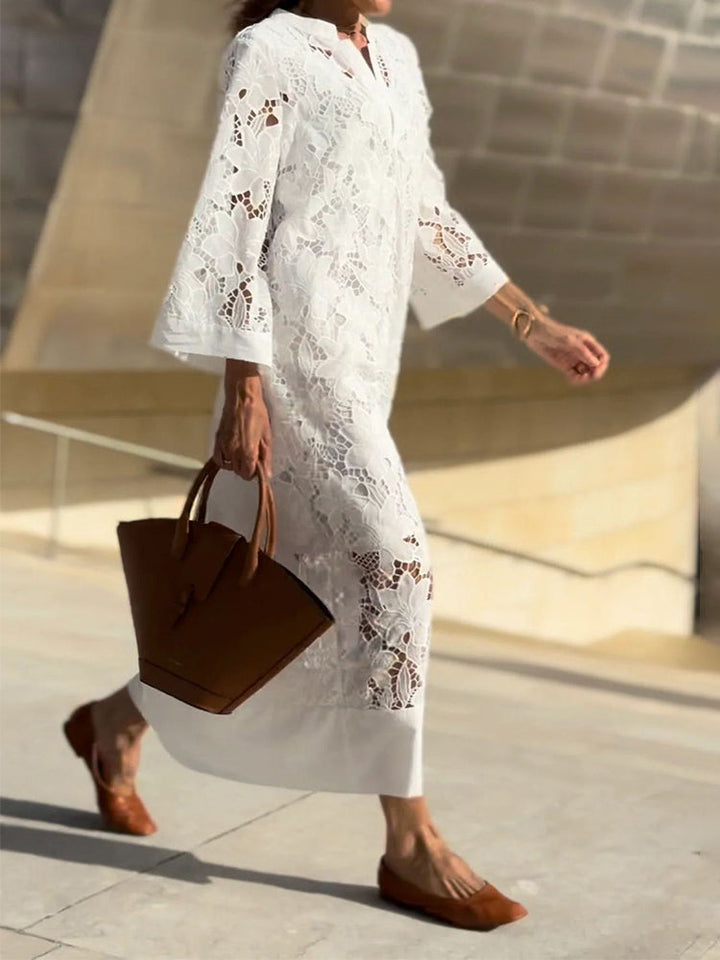 Women's Elegant Lace Maxi Dress with Sheer Floral Overlay