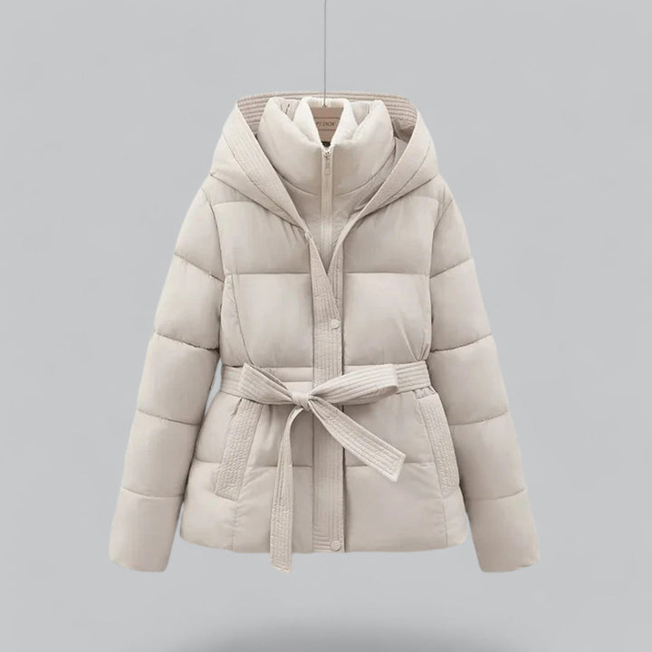 Women's Belted Hooded Puffer Jacket with Quilted Warm Padding