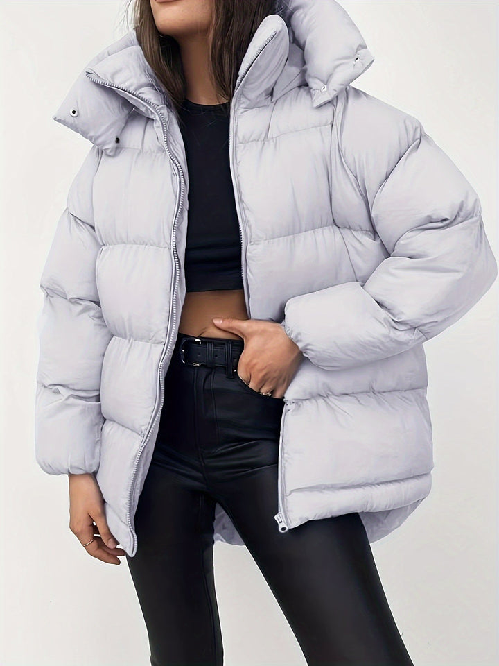 Women's Short Hooded Puffer Jacket with High Collar and Quilted Design