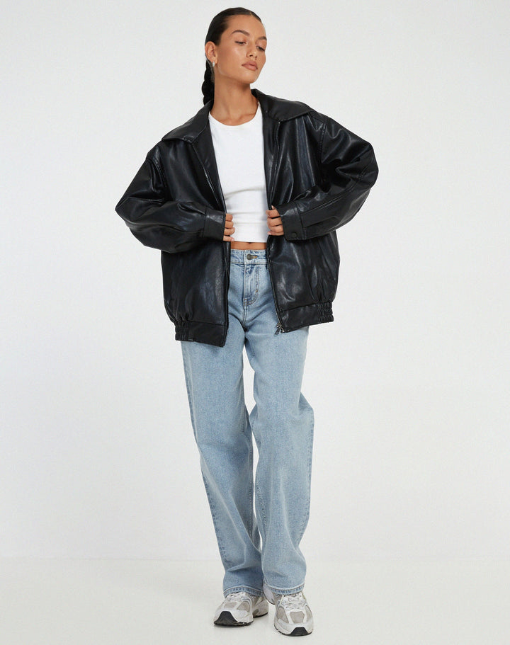 Women's Zip-Up Leather Jacket with Relaxed Fit and High Collar