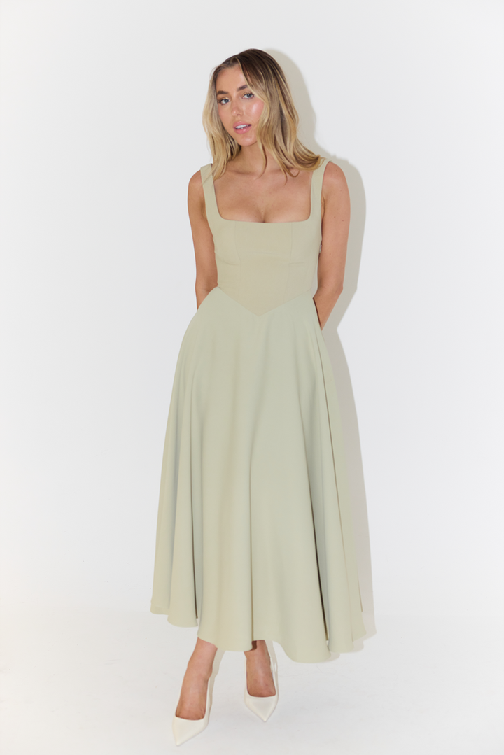Women's Sleeveless Square Neck Midi Dress with A-Line Silhouette