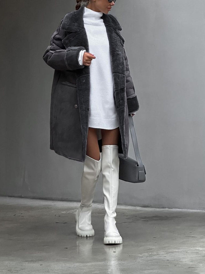 Women's Plus Size Fur Winter Coat with Lapel Collar and Snap Front