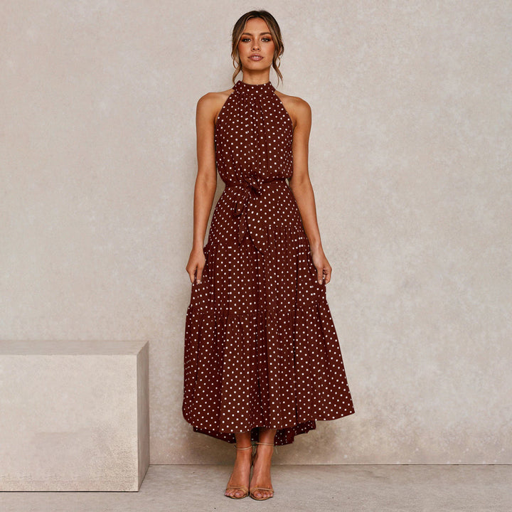 Women’s Polka Dot Halter Neck Maxi Dress with Tie Waist