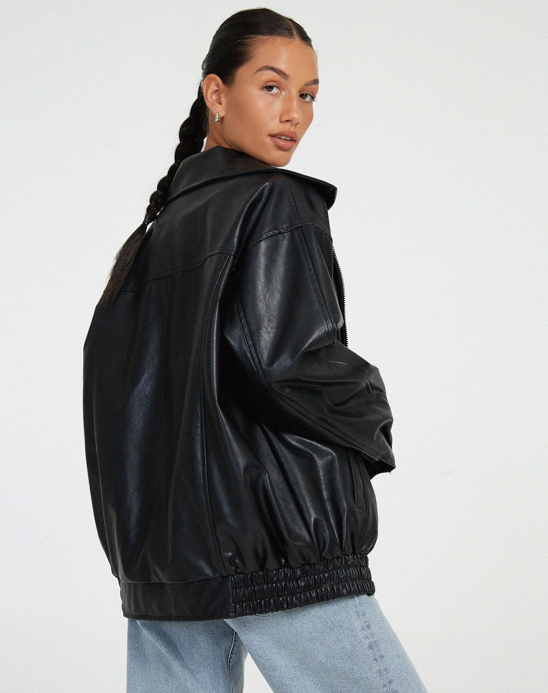 Women's Zip-Up Leather Jacket with Relaxed Fit and High Collar