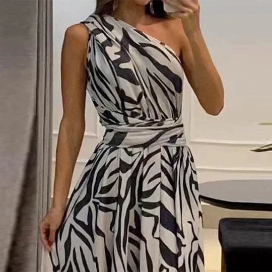 Women's One-Shoulder Zebra Print Maxi Dress with Waist Belt