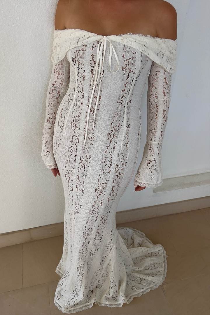 Women's Off-Shoulder Lace Maxi Dress with Flared Sleeves and Tie Front