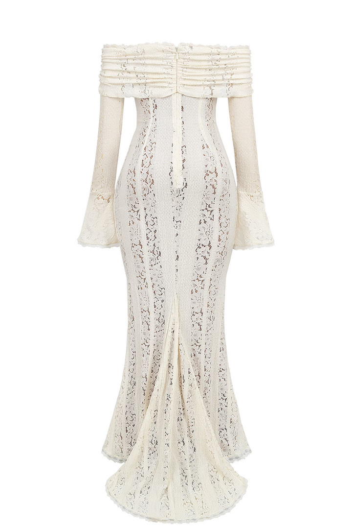 Women's Off-Shoulder Lace Maxi Dress with Flared Sleeves and Tie Front