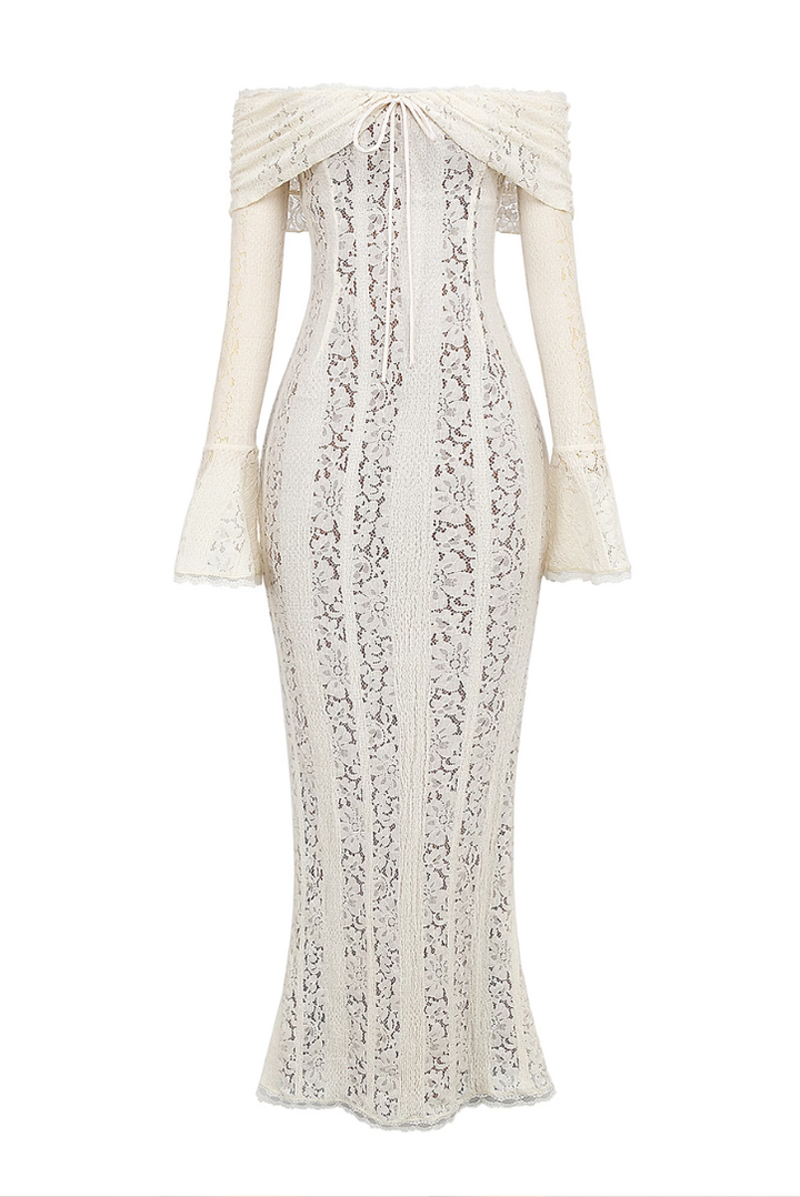 Women's Off-Shoulder Lace Maxi Dress with Flared Sleeves and Tie Front
