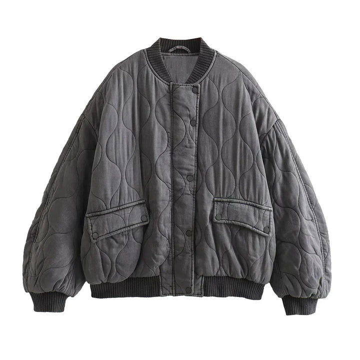 Women's Oversized Quilted Bomber Jacket with Snap Buttons and Pockets