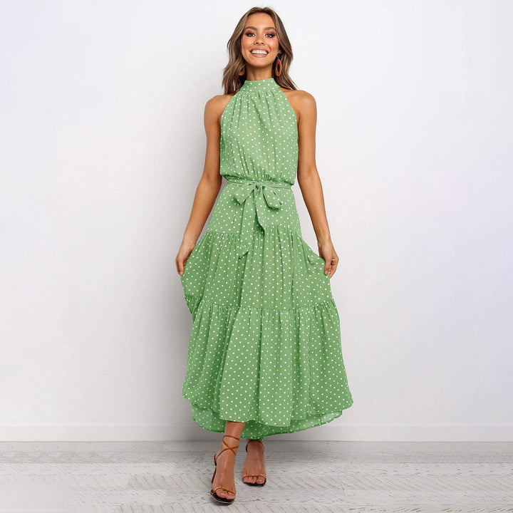 Women’s Polka Dot Halter Neck Maxi Dress with Tie Waist