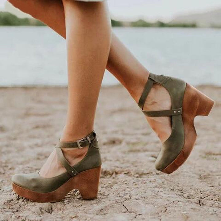Women's Wedge Heel Shoes with Ankle Strap and Platform Sole