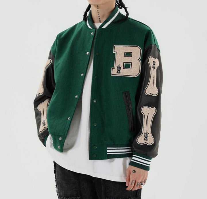 Women's Graphic Varsity Bomber Jacket with Bone Sleeve Design