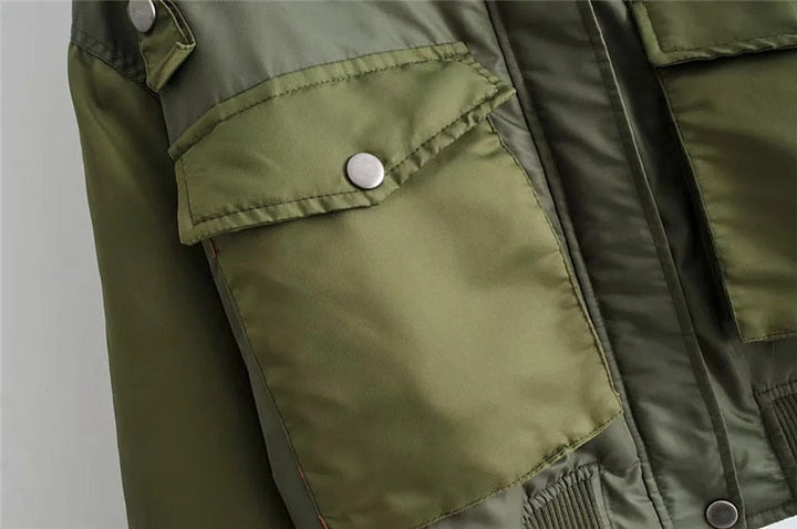 Women's Cropped Utility Bomber Jacket with Patch Pockets and Zip Sleeve