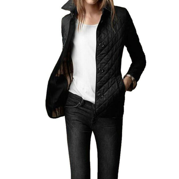 Women's Quilted Button-Up Bomber Jacket with Foldable Cuffs