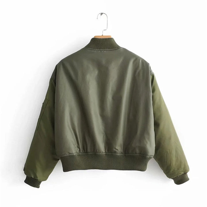 Women's Cropped Utility Bomber Jacket with Patch Pockets and Zip Sleeve