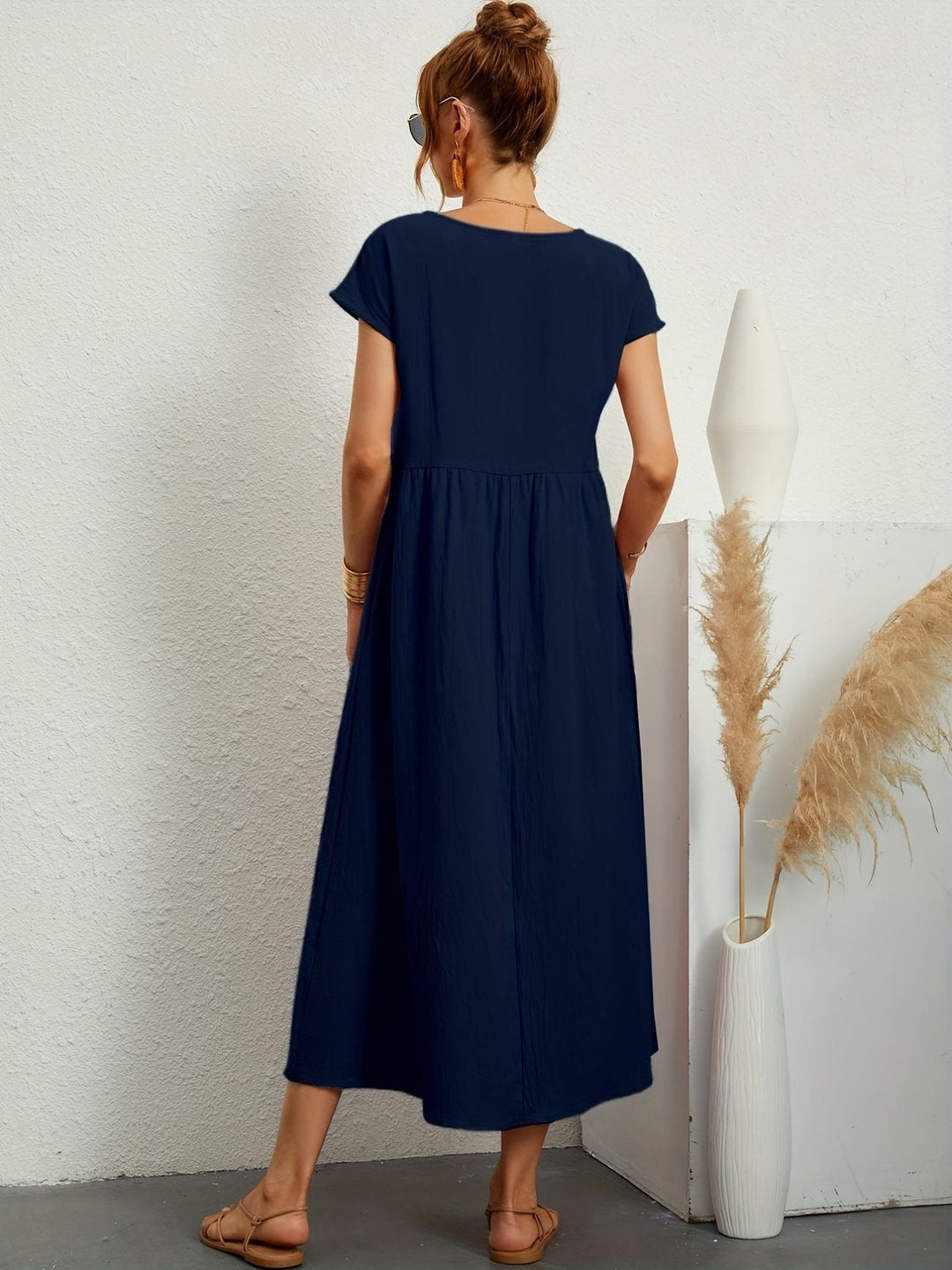 Summer Midi Dress for Women with Short Sleeves and Flowy Silhouette