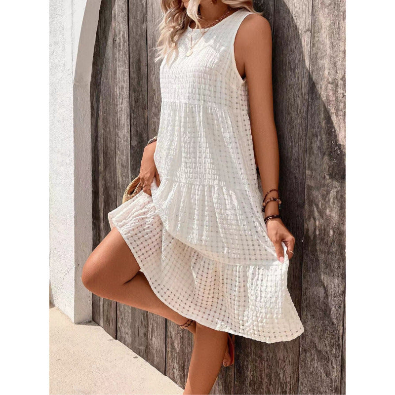 Women's Sleeveless Midi Dress with Tiered Skirt and Loose Fit