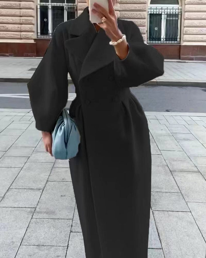 Women's Long Double Breasted Winter Coat with Lapel Collar Design