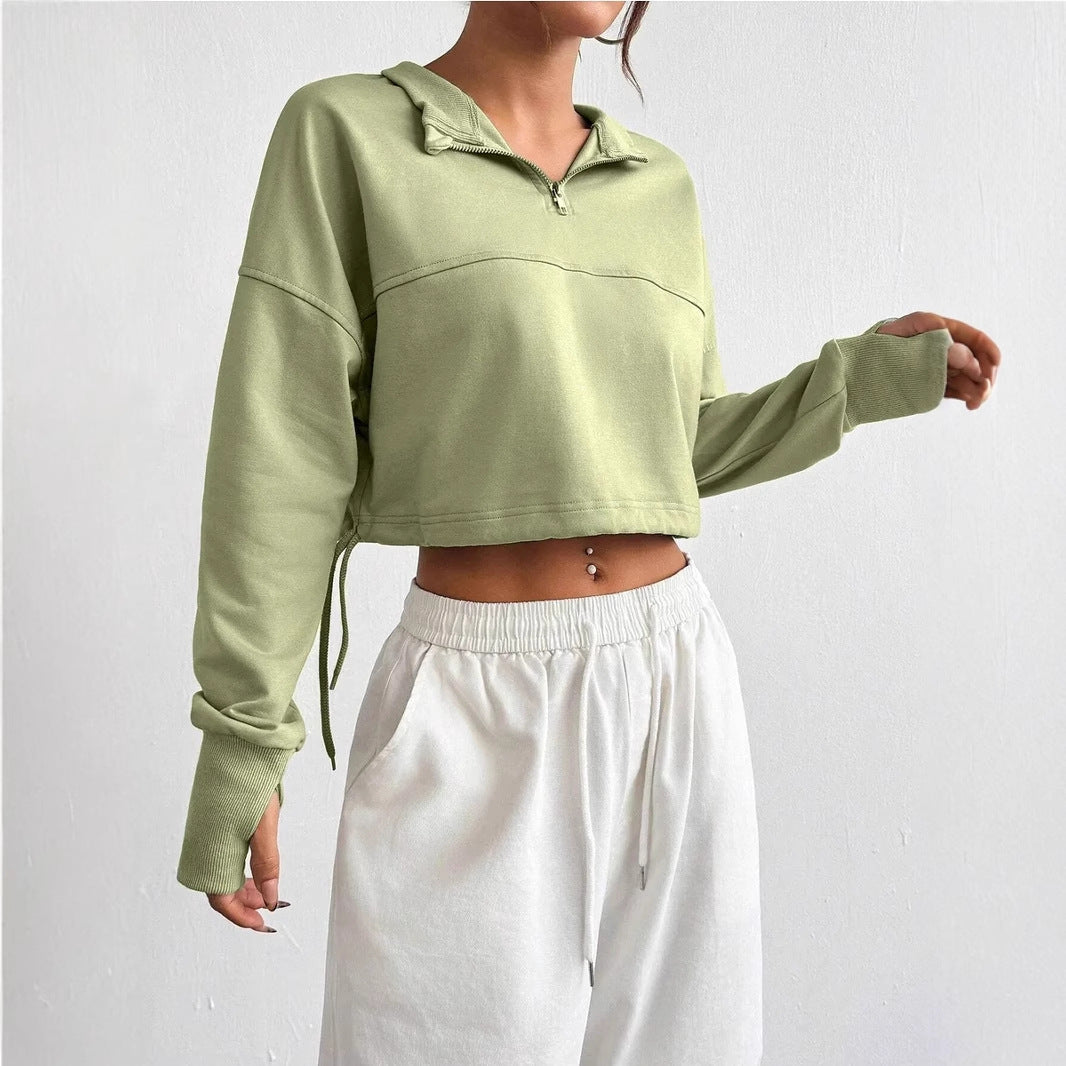 Women’s Cropped Sweatshirt Jumper with Zip Neck and Balloon Sleeves