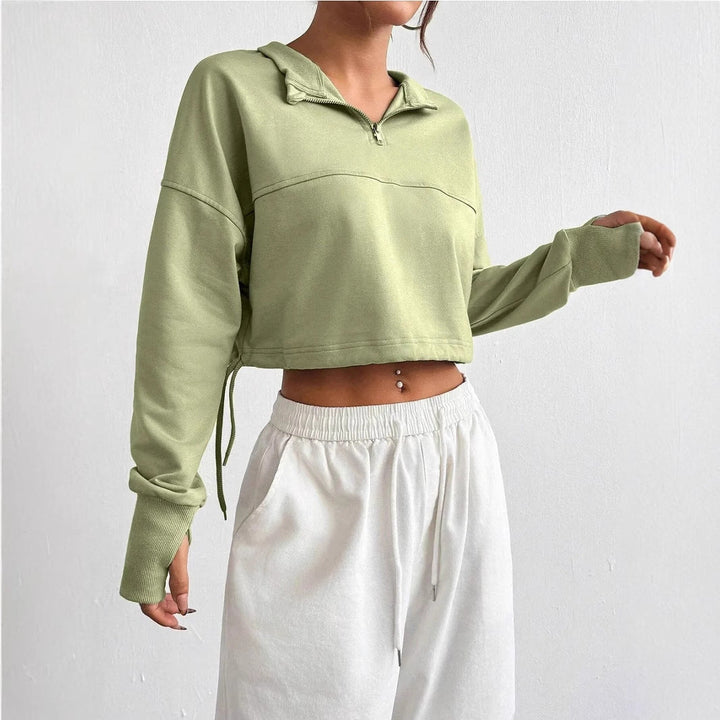 Women’s Cropped Sweatshirt Jumper with Zip Neck and Balloon Sleeves