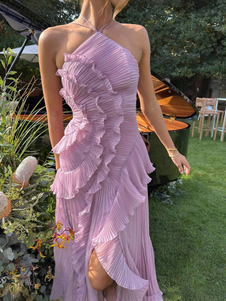 Women's Asymmetric Pleated Ruffle Dress with Halter Neckline