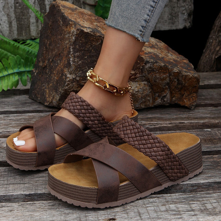 Women's Slip-On Wedge Sandals with Braided Crossover Straps