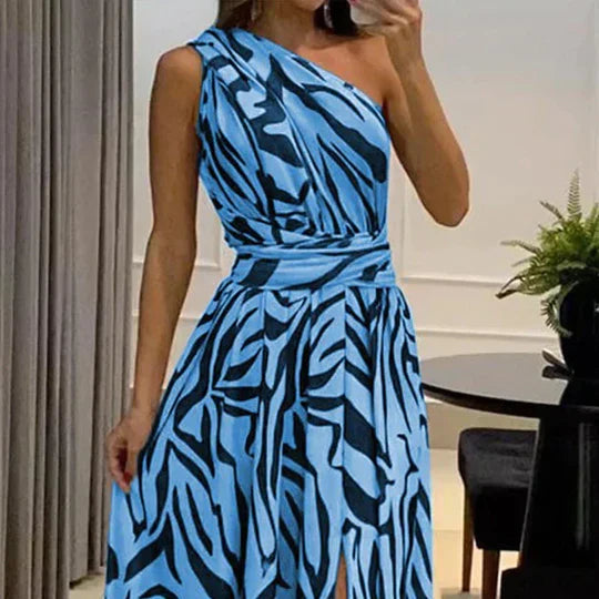 Women's One-Shoulder Zebra Print Maxi Dress with Waist Belt