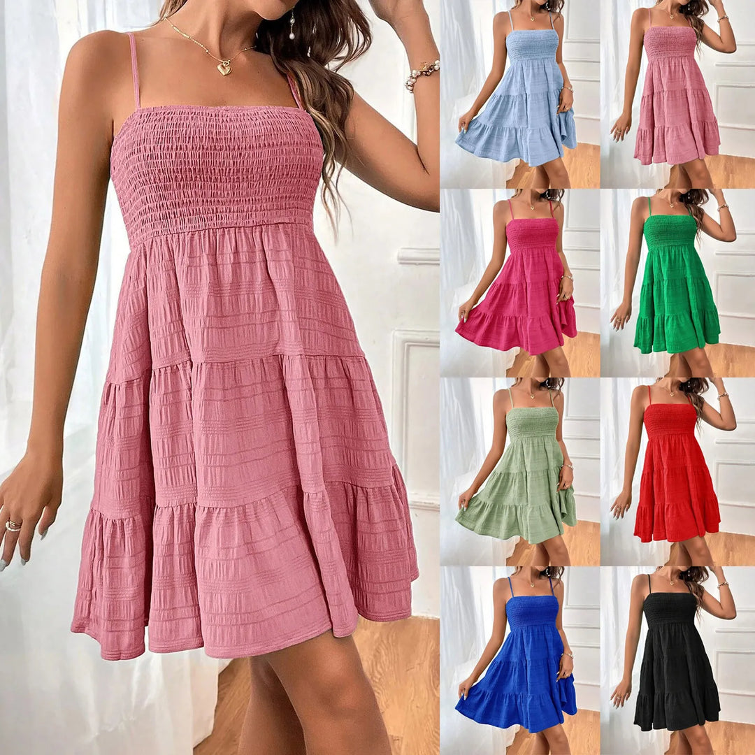 Women's Tiered Mini Dress with Smocked Bodice and Straps