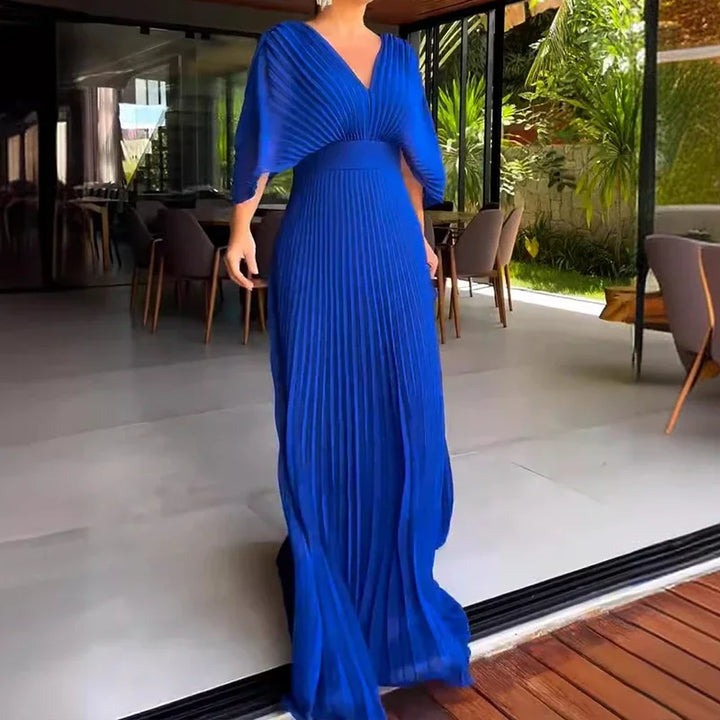 Women's Pleated Maxi Dress with V-Neck and Cape-Style Sleeves