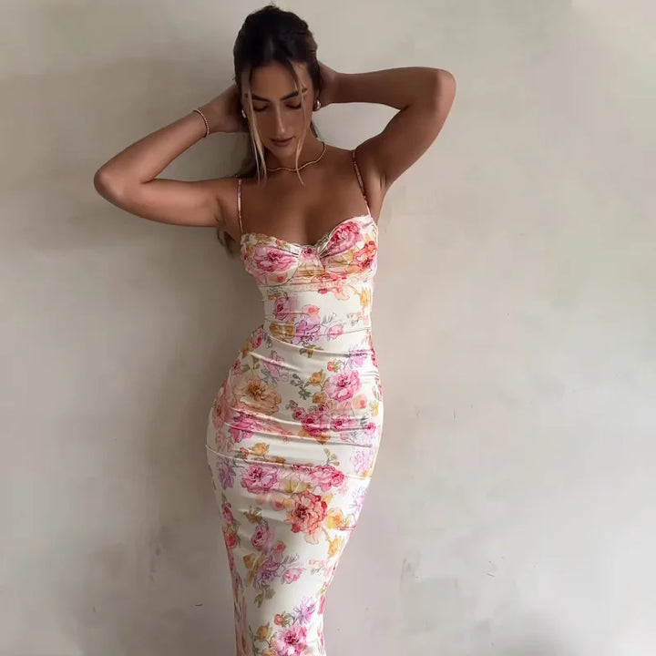 Women's Floral Spaghetti Strap Bodycon Maxi Dress