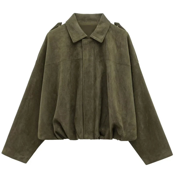 Women's Cropped Bomber Jacket with Lapel Collar and Zip Front