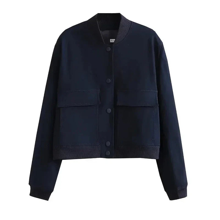 Women's Cropped Baseball Collar Bomber Jacket with Snap Buttons