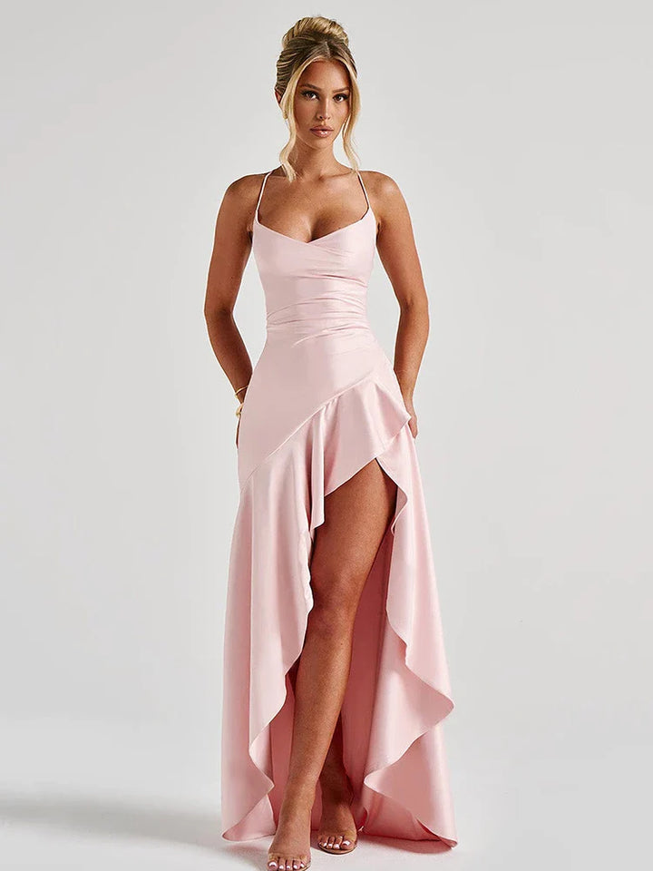 Women's Backless Spaghetti Strap Wedding Guest Maxi Dress