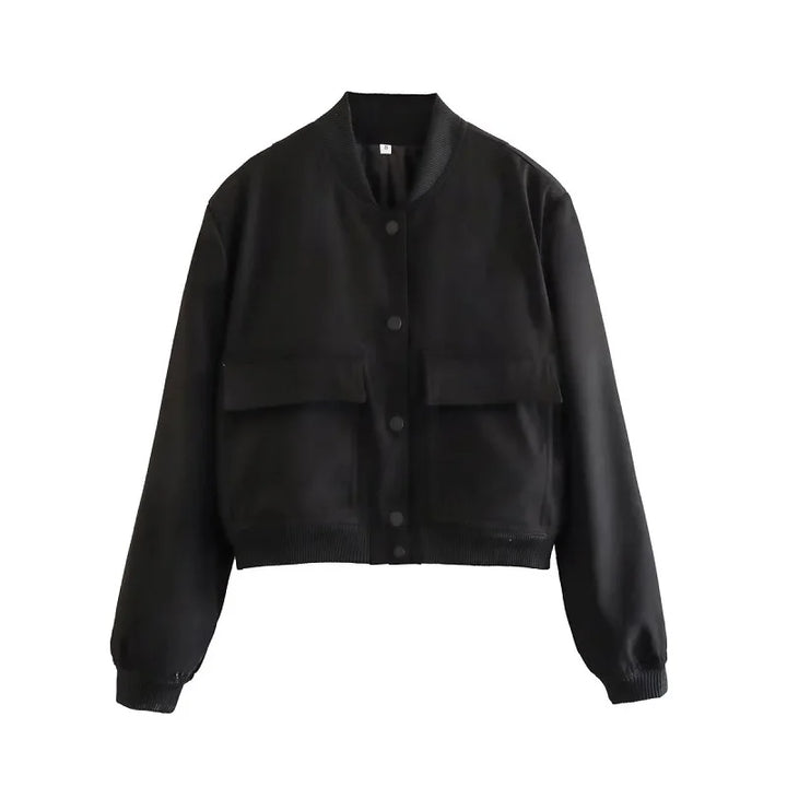 Women's Cropped Bomber Jacket with Snap Buttons and Utility Pockets