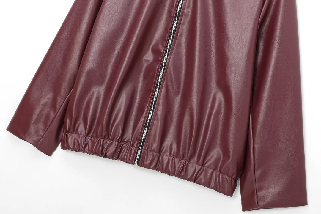 Women's Leather Jacket with Zipper Front and Classic Lapel Collar
