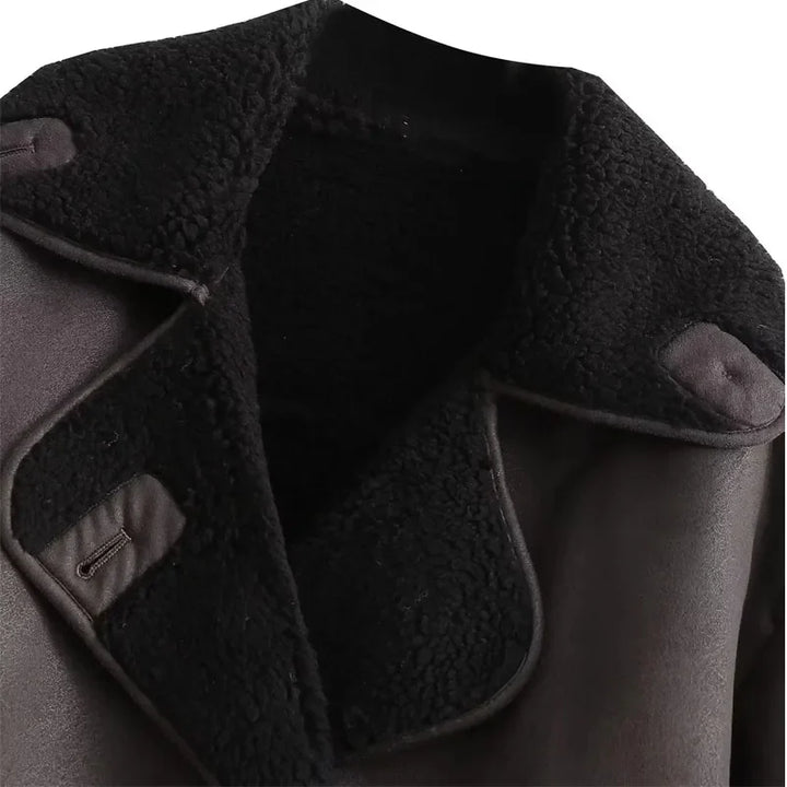 Women's Leather Winter Jacket with Plush Lining and Wide Collar