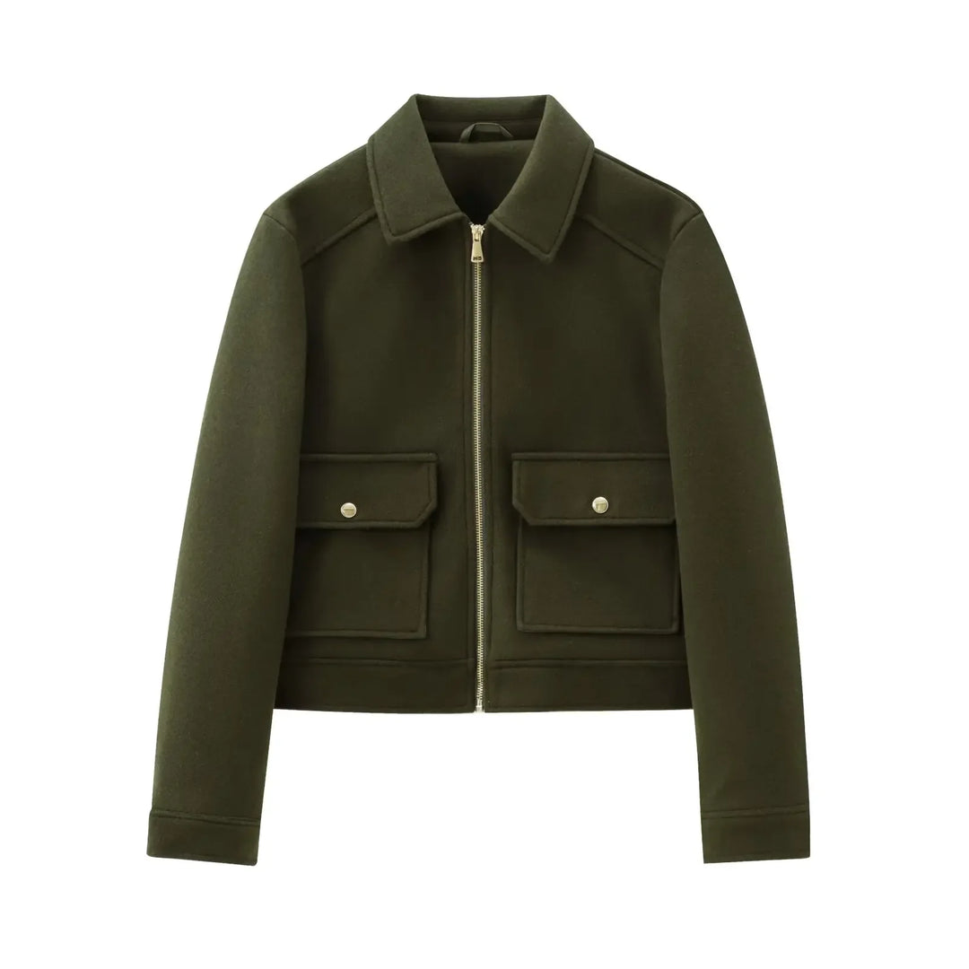 Women's Short Lapel Bomber Jacket with Zip Front and Flap Pockets