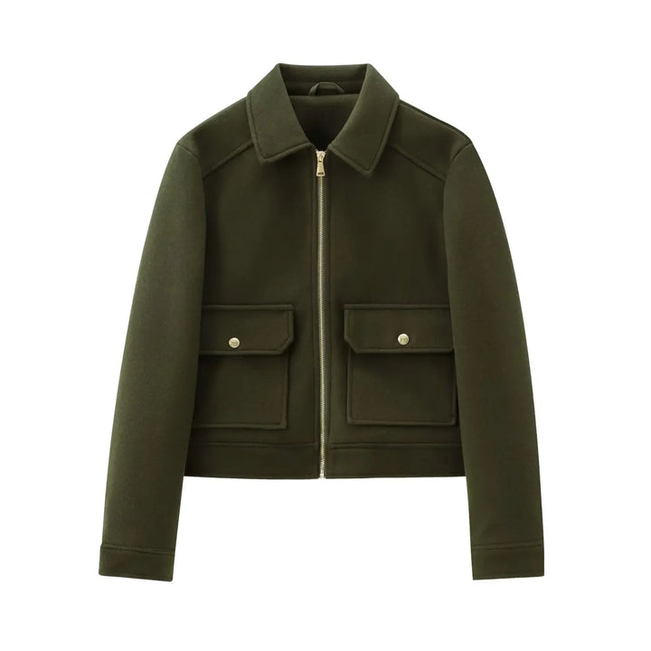 Women's Short Lapel Bomber Jacket with Zip Front and Flap Pockets