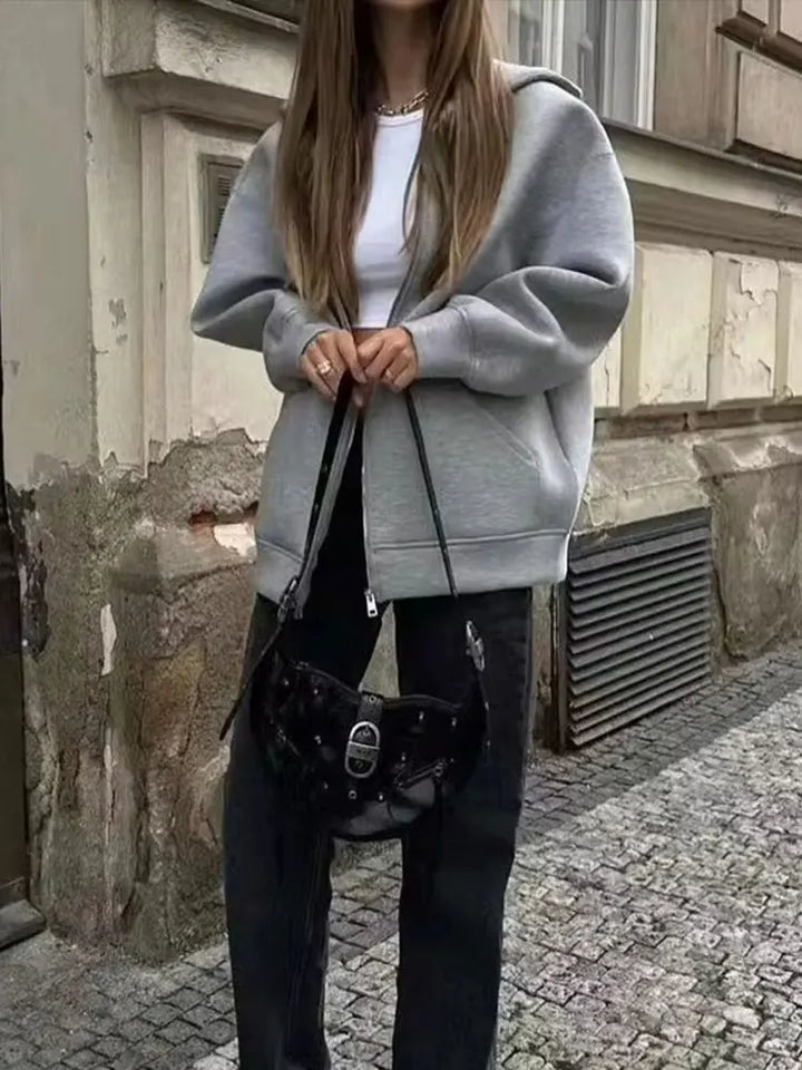 Women's Oversized Zip-Up Hoodie with Drawstring Hood and Pockets