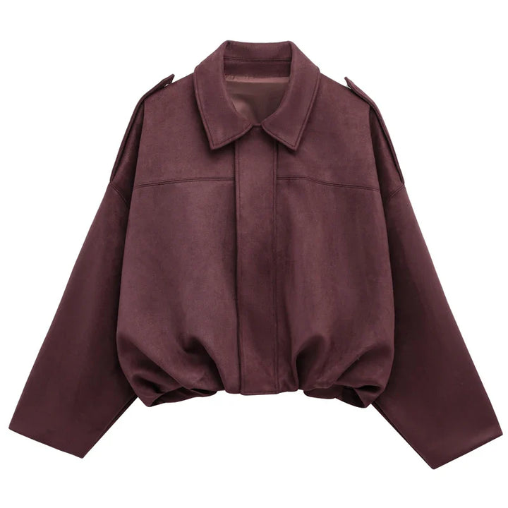 Women's Cropped Bomber Jacket with Lapel Collar and Zip Front