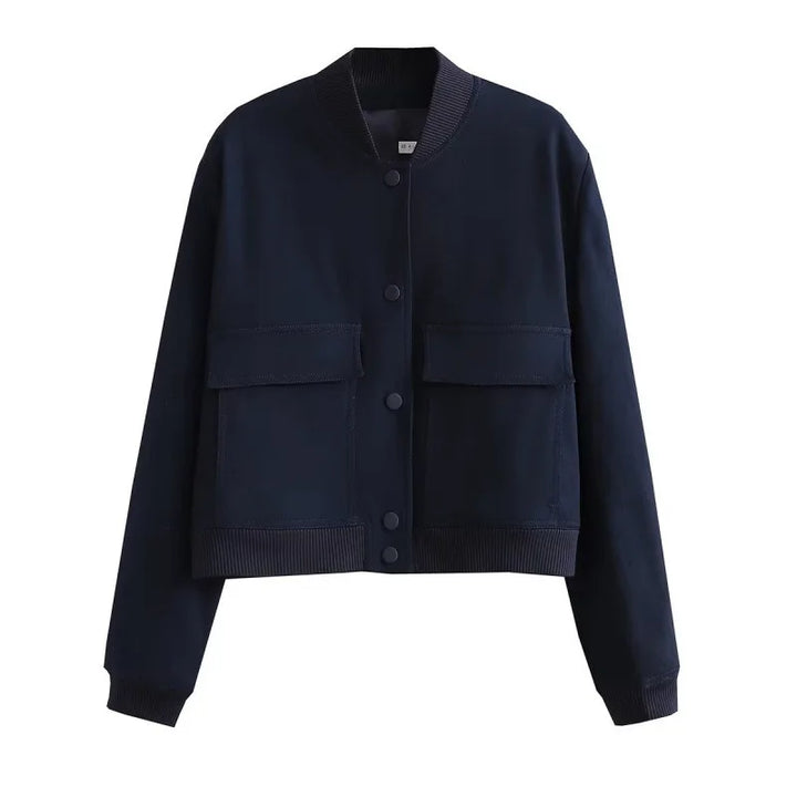 Women's Casual Bomber Jacket with Front Buttons and Flap Pockets